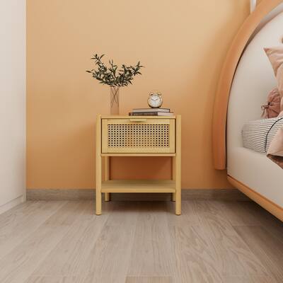 1 Drawer Nightstand Bamboo and Natural Rattan Bedside Table