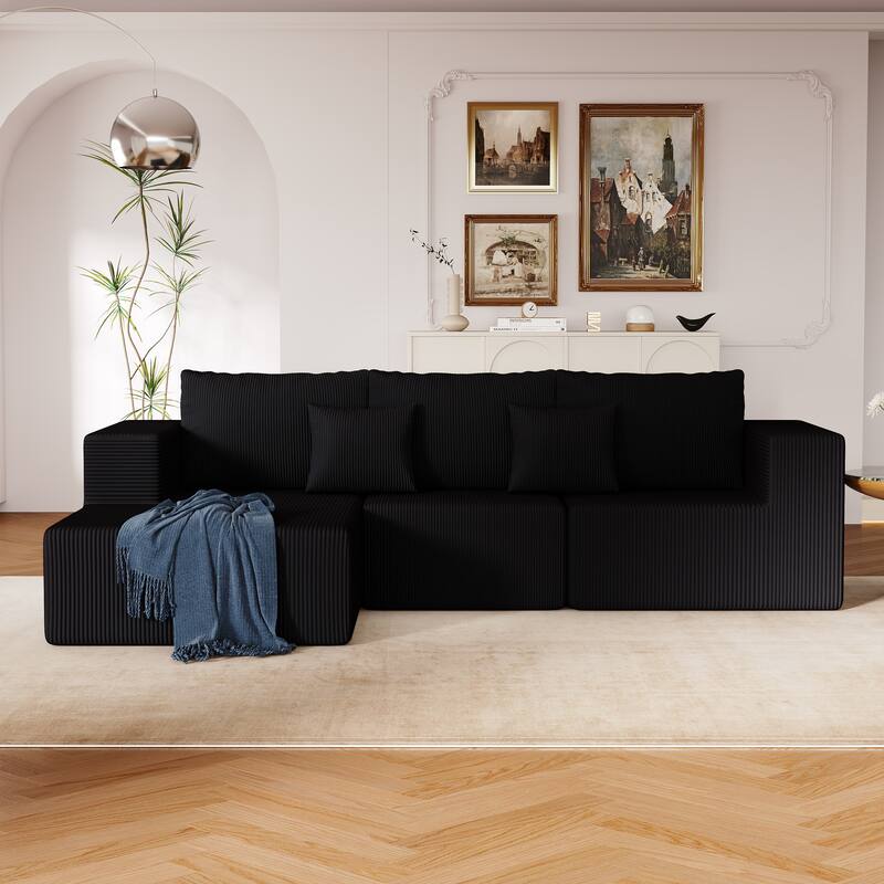 L Shaped Sectional Foam Sofa, Upholstered Corduroy Fabric Sofa, Modular Cloud Couch with Chaise Lounge & Removable Covers - Black