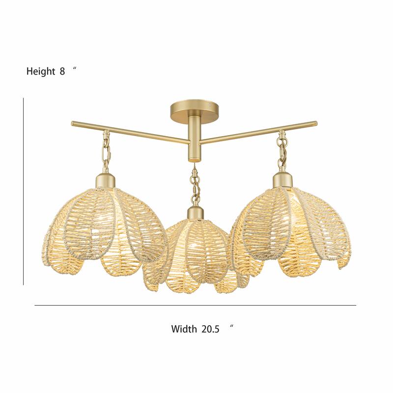 Cali 3-Light Rattan Floral Semi Flush Mount, Coastal Boho - Handwoven - 20 in. Wide