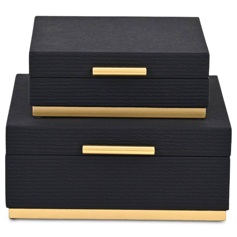 Eira Set of 2 Square Decorative Storage Boxes - Retro Stripe Pattern with Gold Hardware