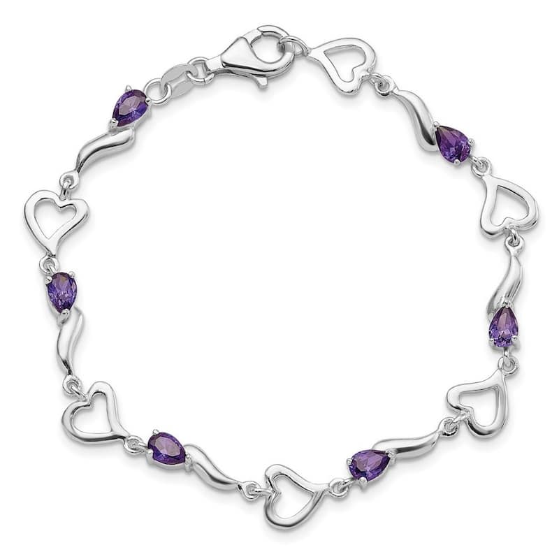 Curata 925 Sterling Silver Fancy Lobster Closure and Amethyst Polished Fancy Link Love Heart Bracelet