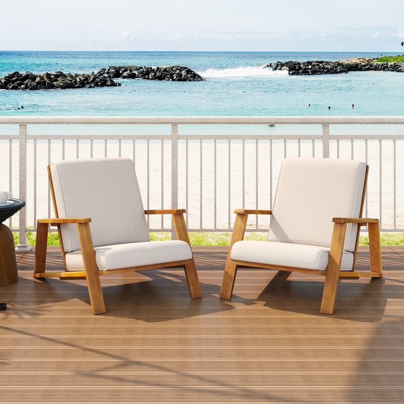 Patio Lounge Chair Set of 2 – Premium Acacia Wood Frame Outdoor Club Chairs with Beige Cushion, Ideal for Deck & Garden