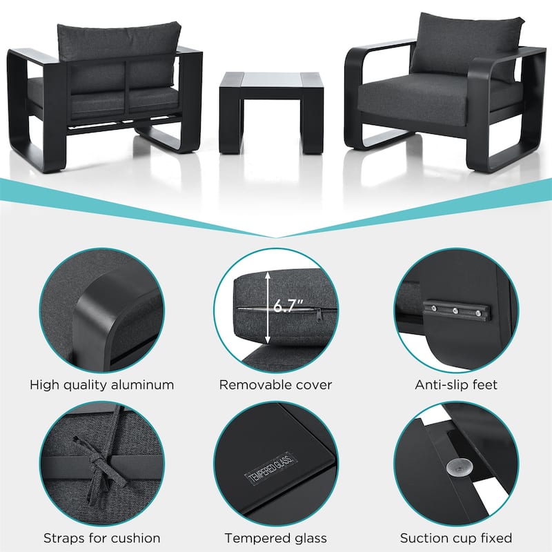 3-Piece Aluminum Outdoor Patio Chairs and Coffee Table Set with Cushions