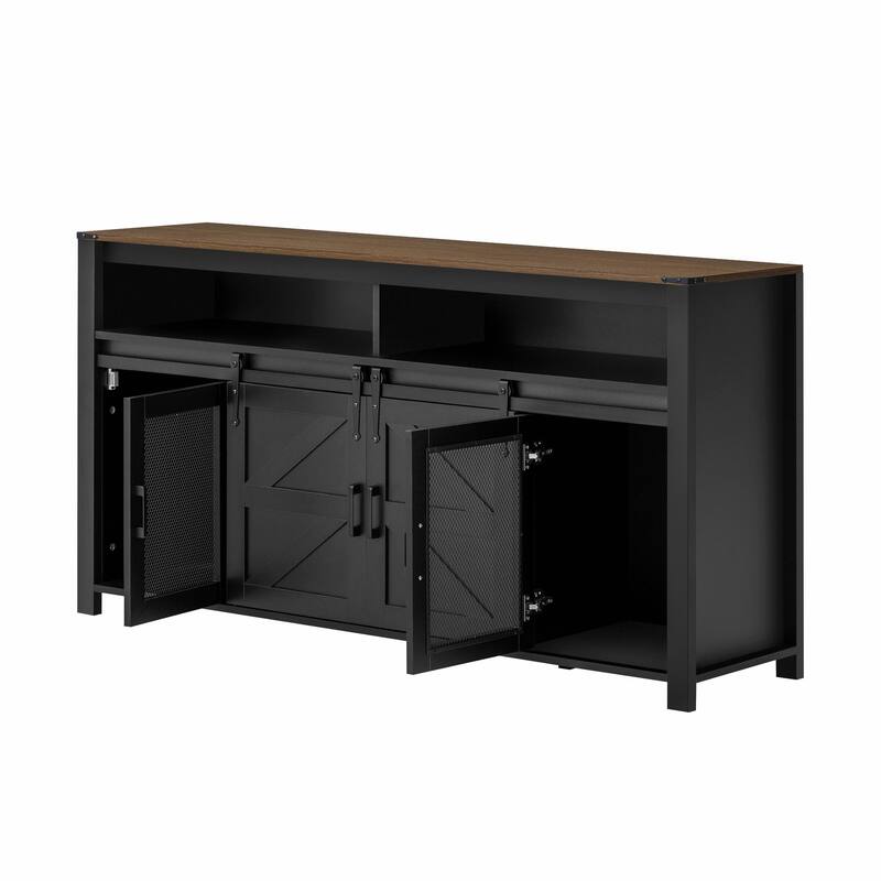 59.3'' Sideboard with Sliding Barn Door and Mesh Panels, Farmhouse Buffet with Open Storage
