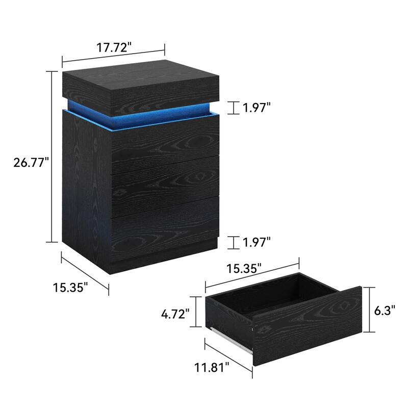 Nightstand with Built-In Charging Station and LED Lighting, 3-Drawer Sliding-Top Modern Bedside Table