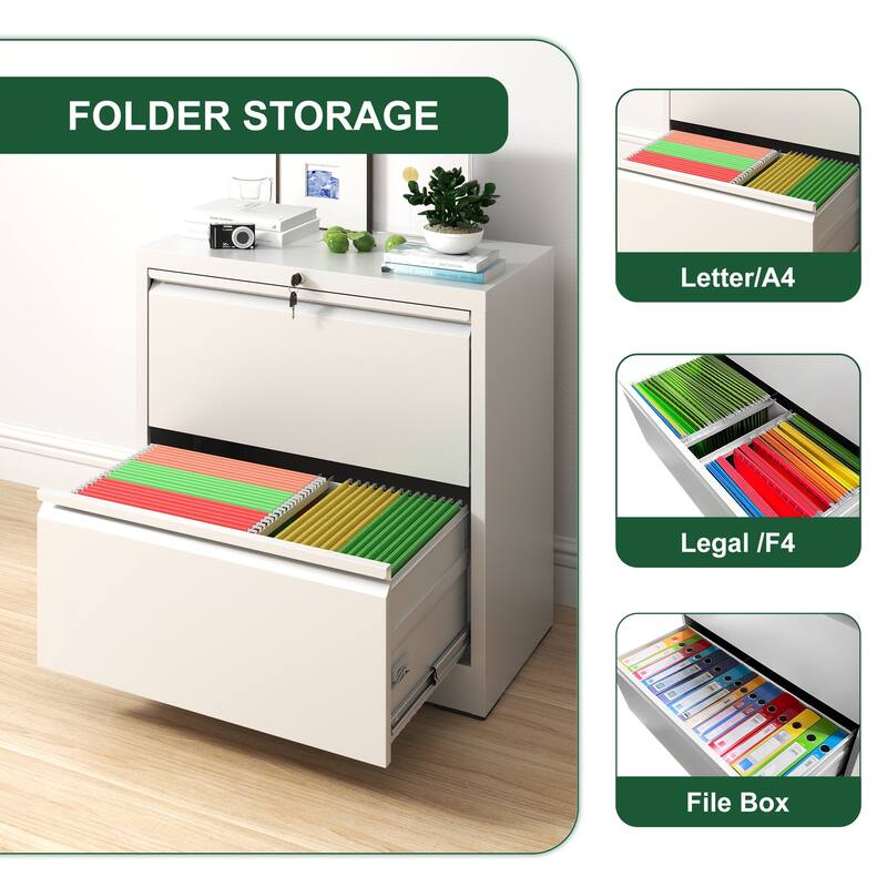 Modern Side-Pull File Cabinet, Wide Horizontal Filing Cabinet with Lock, 2 Drawers, Silent Slides, for Home Office, White