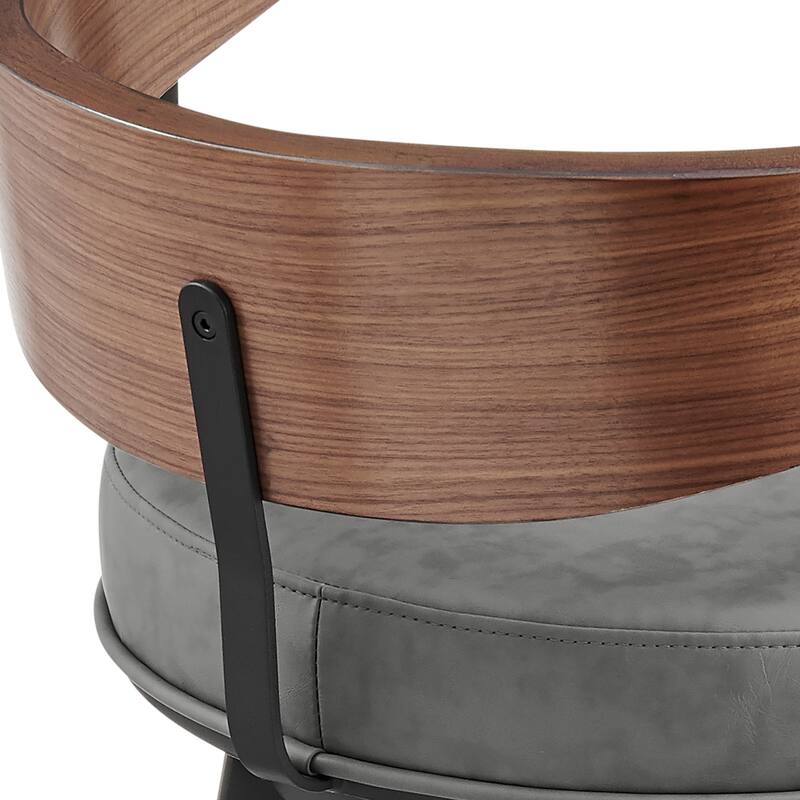 Lasie Swivel Barstool Chair, Barrel Back, Walnut Brown, Gray Faux Leather