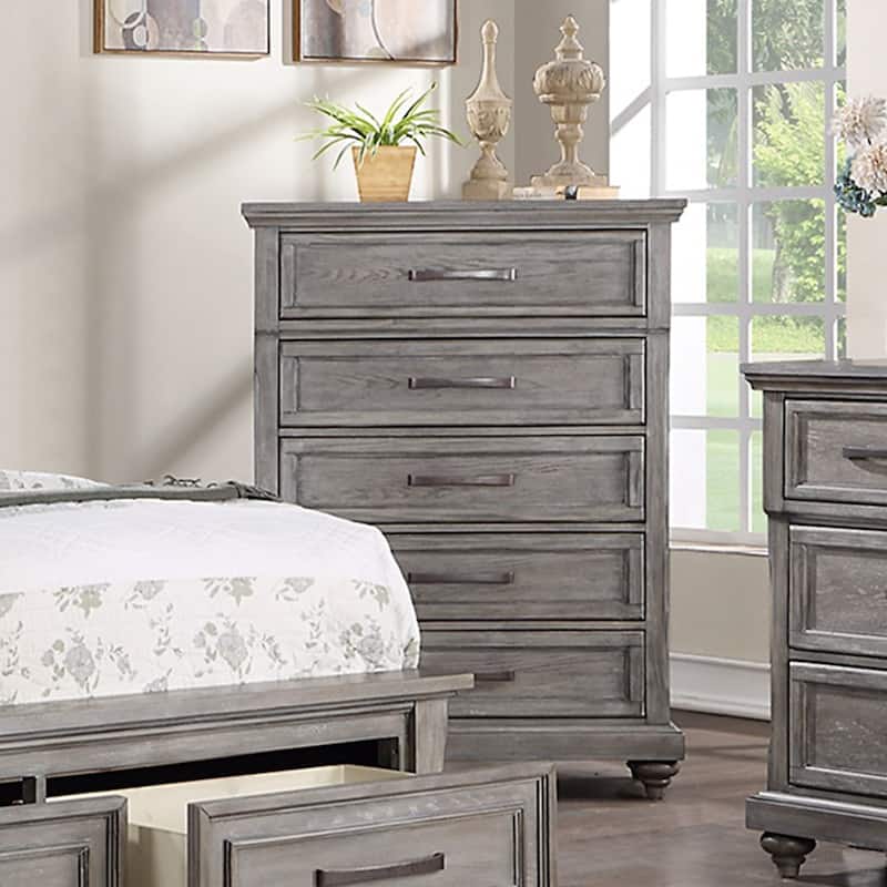 5 Drawers Wooden Chest with Turned Bun Legs in Gray