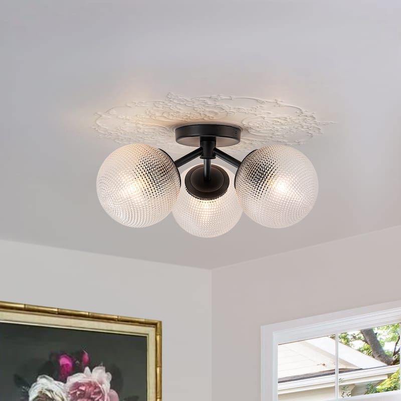 Modern 3-Light Semi Flush Mount With Opal Glass Shade - 18.12 in. - Black&Grid Glass
