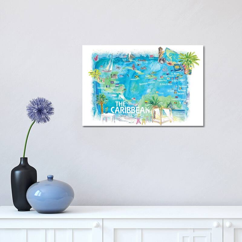 iCanvas "Caribbean Illustrated Travel Map With Landmarks Highlights And Impressions" by Markus & Martina Bleichner Canvas Print - 12x18x1.5