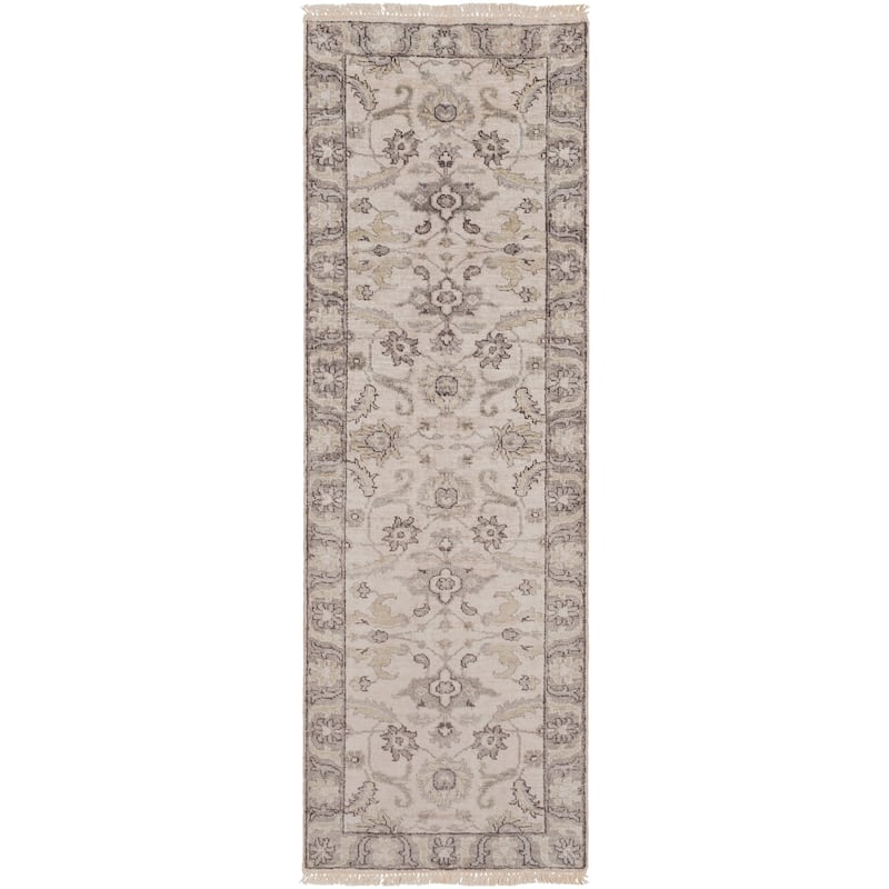Hand-Knotted Brading Border Viscose Area Rug - 3' x 12' Runner - 3' x 12' Runner - Grey