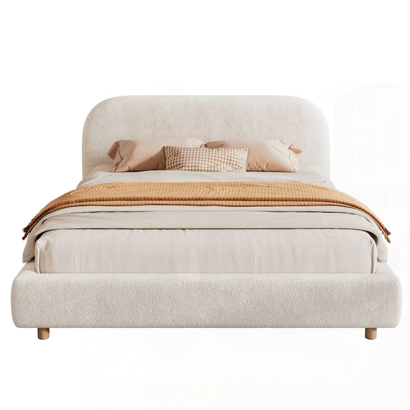 Upholstered Platform Bed with Curve-Shaped Design Headboard