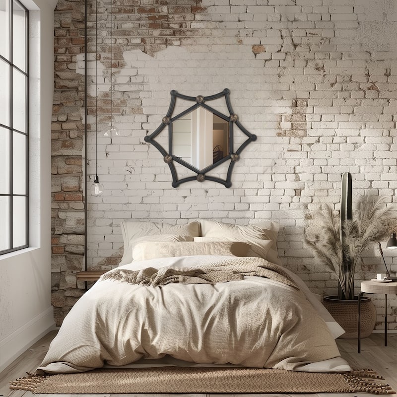 MacLuu Industrial Hexagon Black Metal Pipe Mirror for Wall Decor - 35.43" W x 35.43" H x 2.76" D
