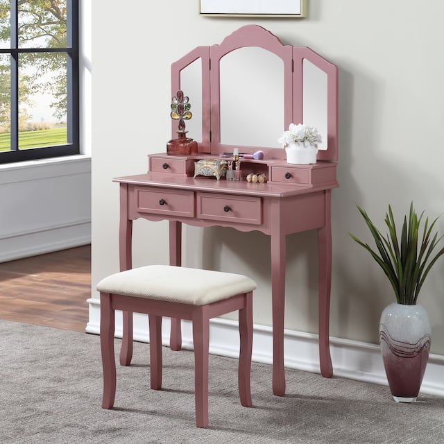 Roundhill Furniture Copper Grove Ruscom Wooden Vanity Make Up Table/Stool Set - Rose Gold