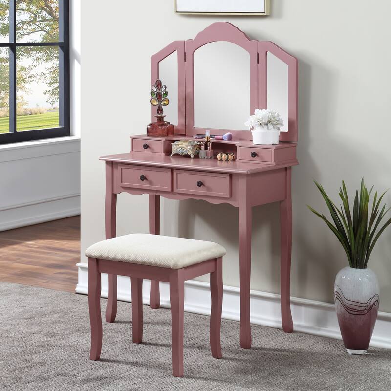 Sanlo Vanity Makeup Set,Includes Stool,Wooden 31.5Inch Vanity Table with 3 Panel Beveled Mirror and 4 Drawers