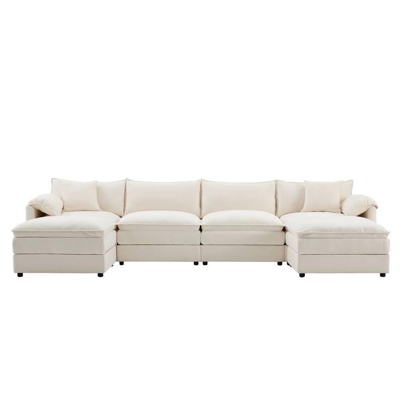 Chenille Modular Cloud Couch Oversized Sectional Sofa with Ottoman - Cream+6 Seat