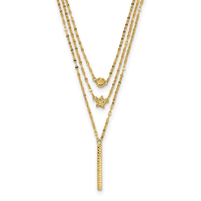 Curata 14k Yellow Gold Three Layer Sparkle Cut Bead Star Bar Necklace, 18"