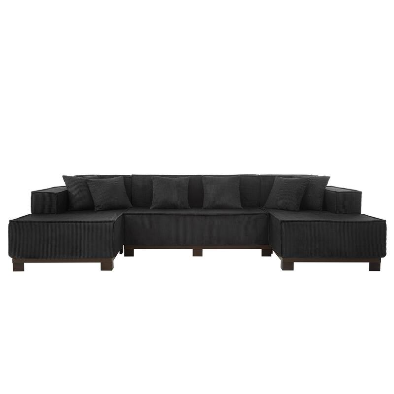 Roomfitters 130 Inch Modern U-Shaped Sectional Sofa with RGB LED Lights and 6 Pillows, Corduroy