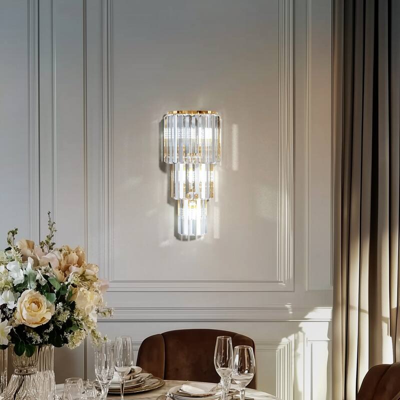 Wall Sconce Lamp 5 Layer Modern Crystal Lighting with Long Oblong Crystals - 8”x20”