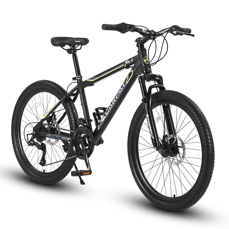 24 Inch Mountain Bike Boys Girls, Steel Frame, Shimano 21 Speed Mountain Bicycle with Daul Disc Brakes and Front Suspension - Black+Green