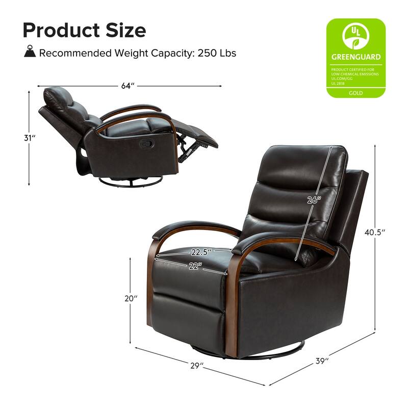 Leopold Genuine Leather Swivel Rocking Manual Recliner Chair with Wooden Arm Accents Set of 2 by HULALA HOME