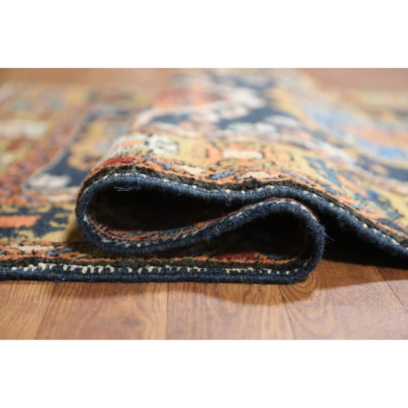 Hand Knotted Oriental 100% Wool Carpet Traditional Geometric Navy Blue & Blues Heriz Area Rug - 4' 9'' X 3' 8''