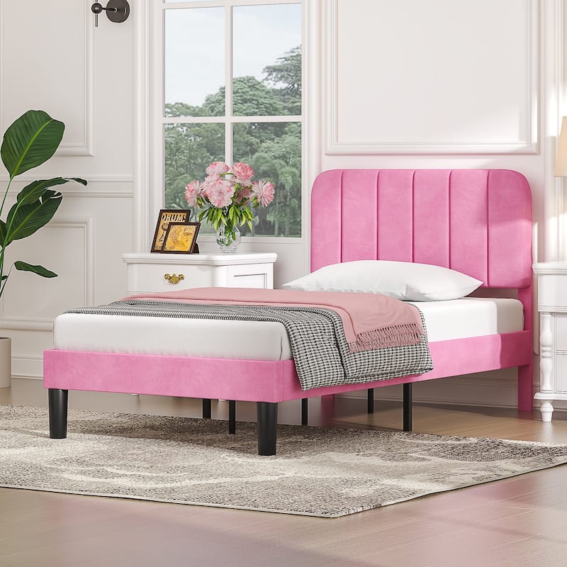 VECELO Velvet Upholstered Bed Frame with Vertical Channel Tufted Headboard, Adjustable Headboard, Wooden Slats Support