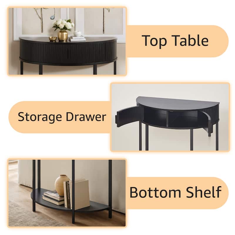 Half Moon Console Table with Drawer Storage, Narrow Entryway Table with Hidden Cabinet and Shelf for Living Room Hallway