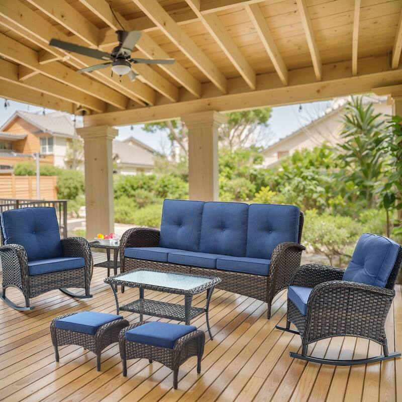 7 Pieces Rocker Chairs Sofa Ottomans Brown-Blue - Brown - Brown - Blue