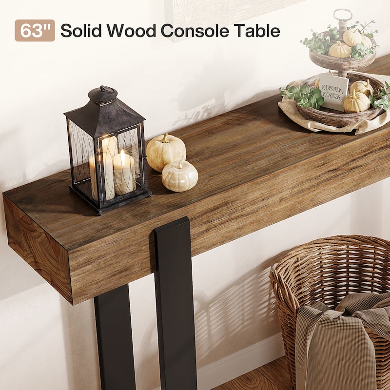 63 Inch Long Entryway Console Table, Solid Wood Top and Metal Legs