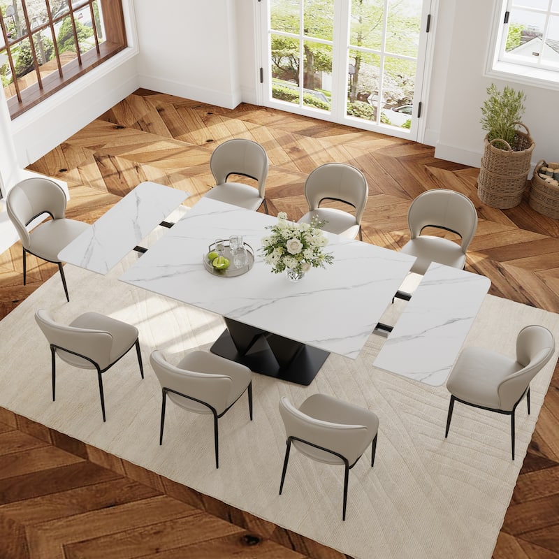 63-95" Modern Extendable Dining Table,White Glossy Sintered Stone Table top, Black Carbon Steel Base for 4-10