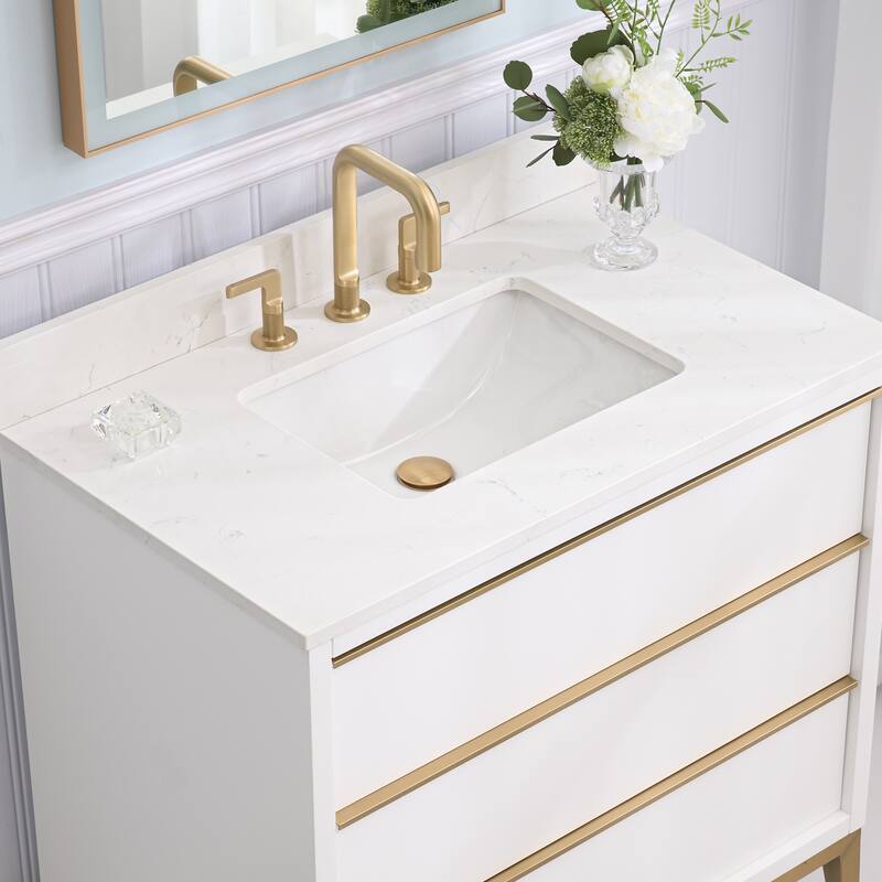 36"/48"/60" W Width Solid Wood Bathroom Vanity with Stain-resistant Carrera White Quartz Top and Sink