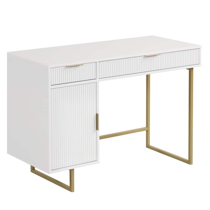 Jacklyn White Modern Computer Desk, Workstation or Writing Desk for Small Spaces with Drawers and Cabinet Storage