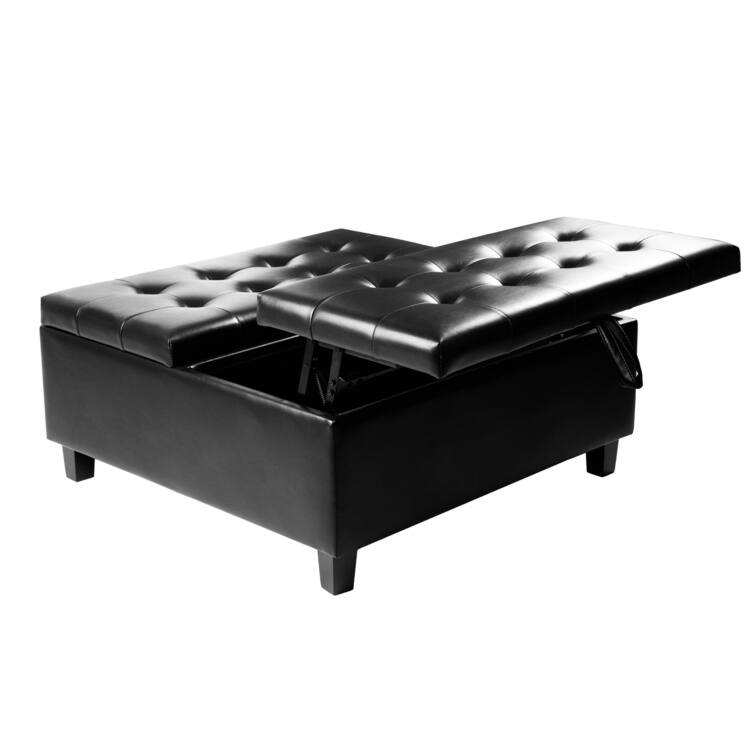 35" Tufted Air Leather Ottoman Bench with Lift-Top & Storage Table - Black