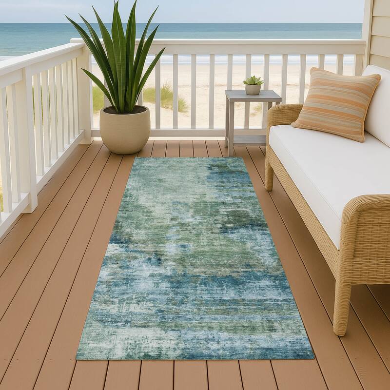 Machine Washable Indoor/ Outdoor Abstact Contemporary Chantille Rug - Teal - 2'3" x 7'6"