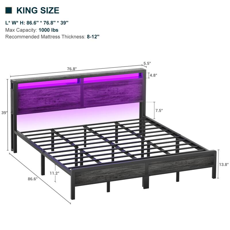 Farmhouse Wood Platform Bed Frame with Charged Station and LED Lights