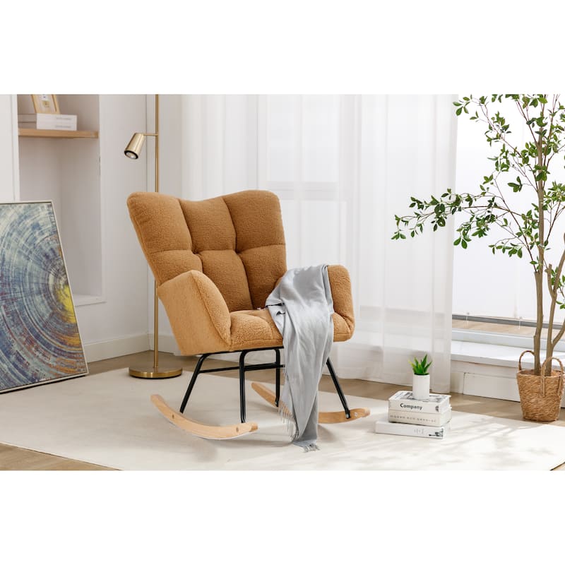 Fabric Rocking Glider Nursery Chair Teddy Cushioned Rocking Chair Armrest Rocking Chair with Rocking Legs Khaki