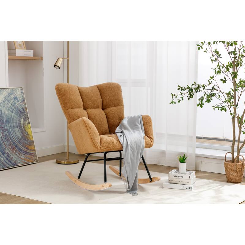 Teddy Fabric Upholstered Glider Rocker, Reading Chair with Thick Padded Seat, High Backrest Armchair with Wooden Legs