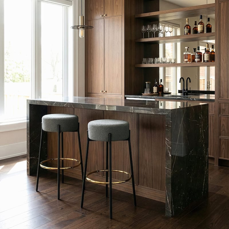 Set of 2 Avon Gray Boucle Backless Bar Stool with Black Metal Legs