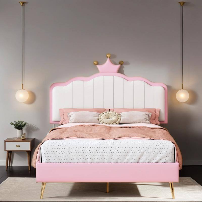 Twin Princess Bed Upholstered With Crown Headboard Platform Bed with Footboard and Warm Light Strips