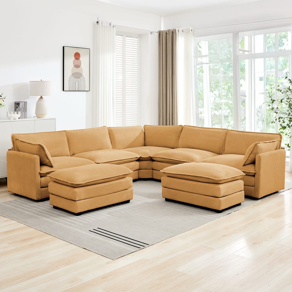 7-Seater Corduroy Sectional Sofa with 2 Removable Ottomans & Corner Seat, Soft & Comfortable - 5 Seats with 2 Ottoman