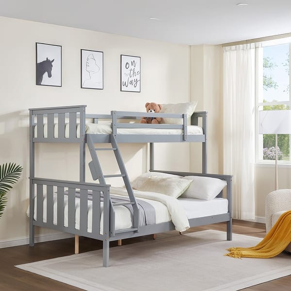 slide 2 of 11, Full over Full Wooden Bunk Bed,High Guardrail,Ladder,No Box Spring Grey