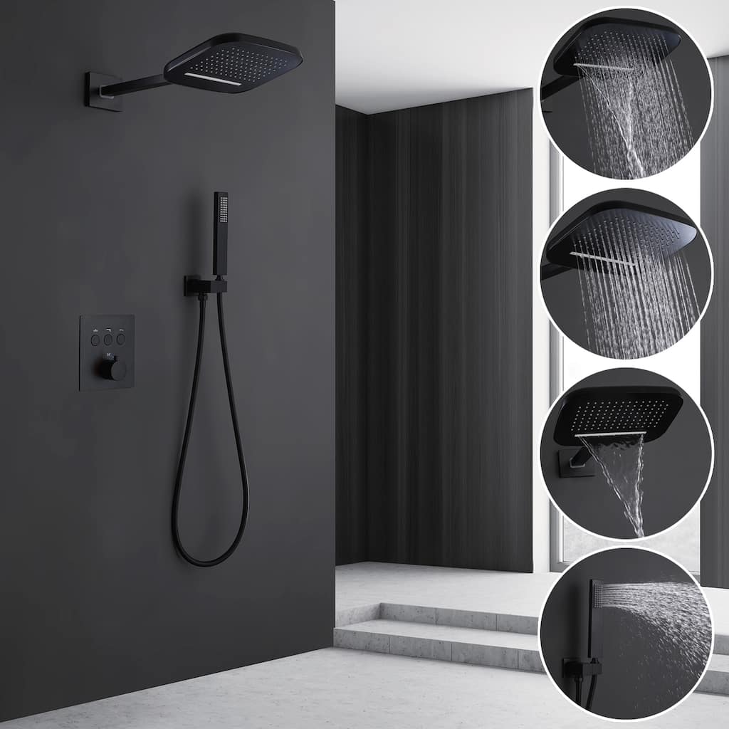 Wall Mounted 3-Function Thermostatic Rainfall and Waterfall Shower System with Rough-In Valve