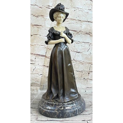 Victorian Era Woman In Hat Bronze Metal Statue Sculpture Art Deco Sculpture