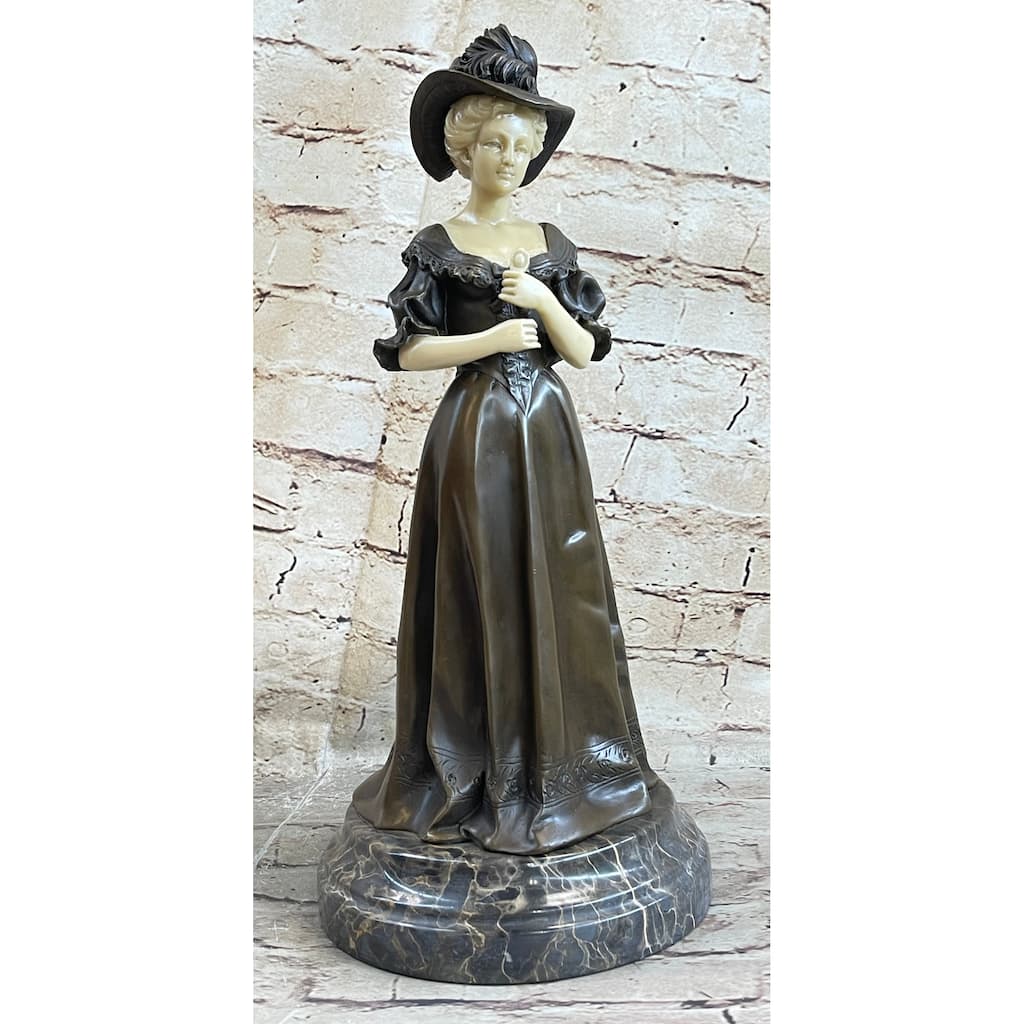 Victorian Era Woman In Hat Bronze Metal Statue Sculpture Art Deco Sculpture