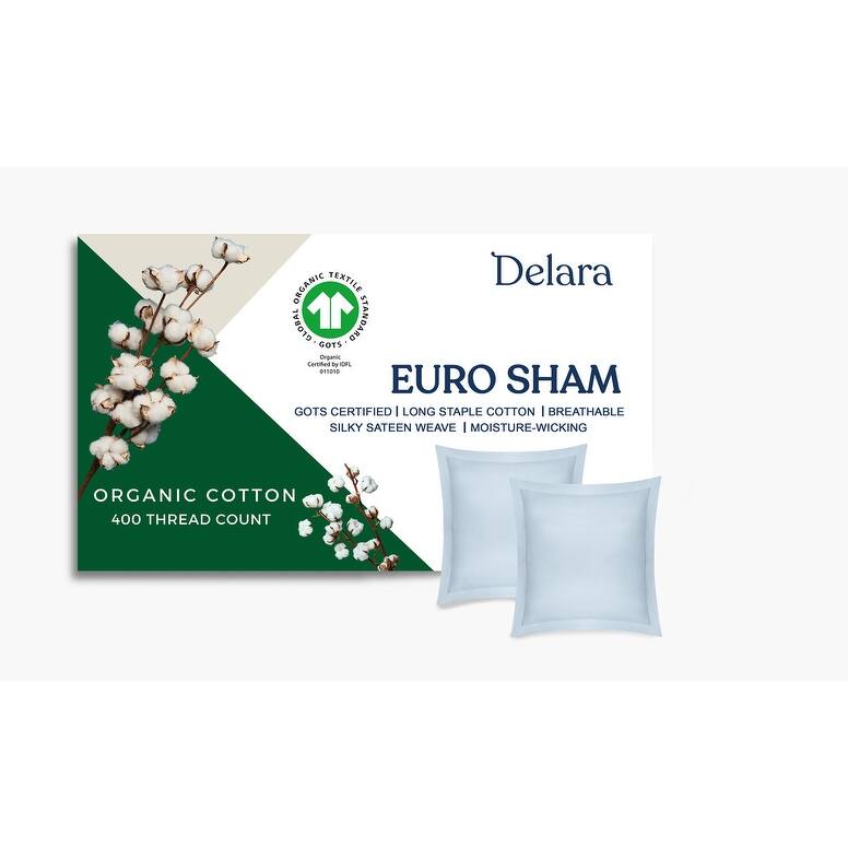 Delara GOTS Certified 100% Organic Cotton Euro Sham, 400 TC Long Staple Cotton,Ultra Soft, Moisture-Wicking, Smooth & Breathable - Light Blue