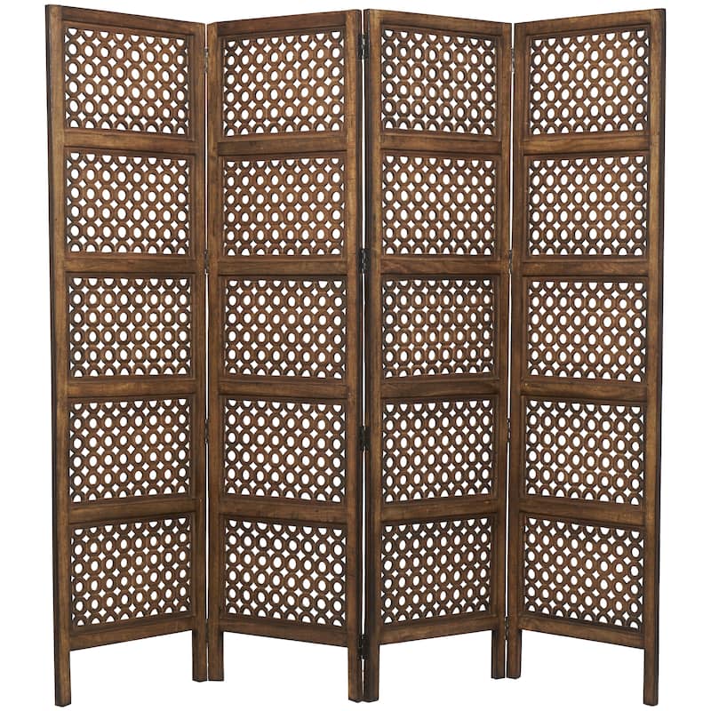 Wooden Floral Handmade Hinged Foldable 4 Panel Room Divider Screen with Intricately Carved Designs - Brown - Roche River Decor - Brown