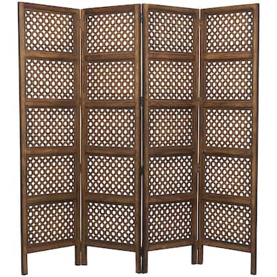 Wooden Floral Handmade Hinged Foldable 4 Panel Room Divider Screen with Intricately Carved Designs - Brown - Roche River Decor