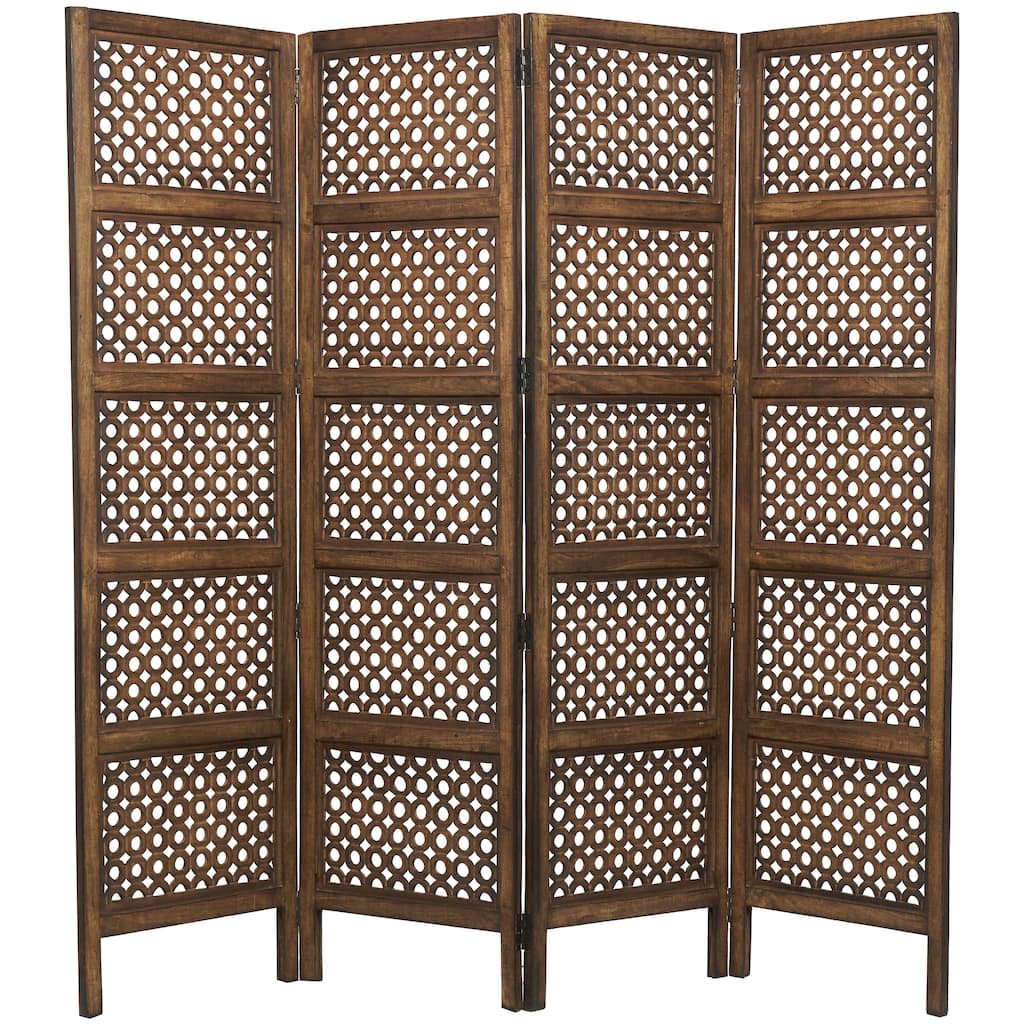 Wooden Floral Handmade Hinged Foldable 4 Panel Room Divider Screen with Intricately Carved Designs - Brown - Roche River Decor