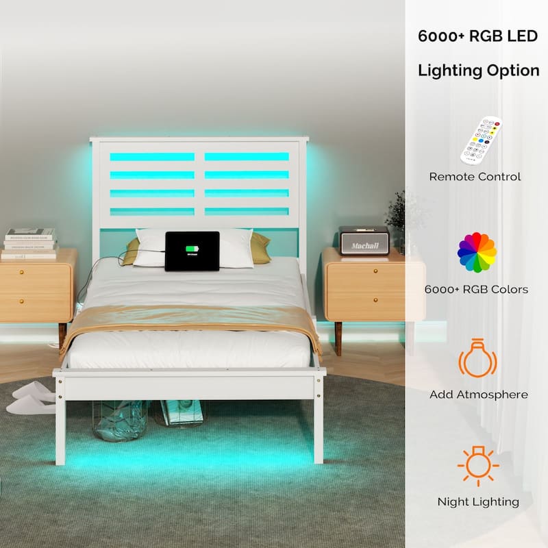 Twin Wood Bed Frame with Charging Station, Lighted Platform Bed, White